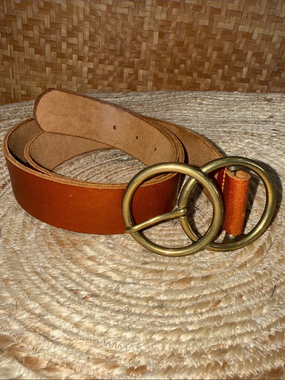 Genuine Leather Double Ring Belt Cognac Brown Brass Buckle Size L - Picture 3 of 8
